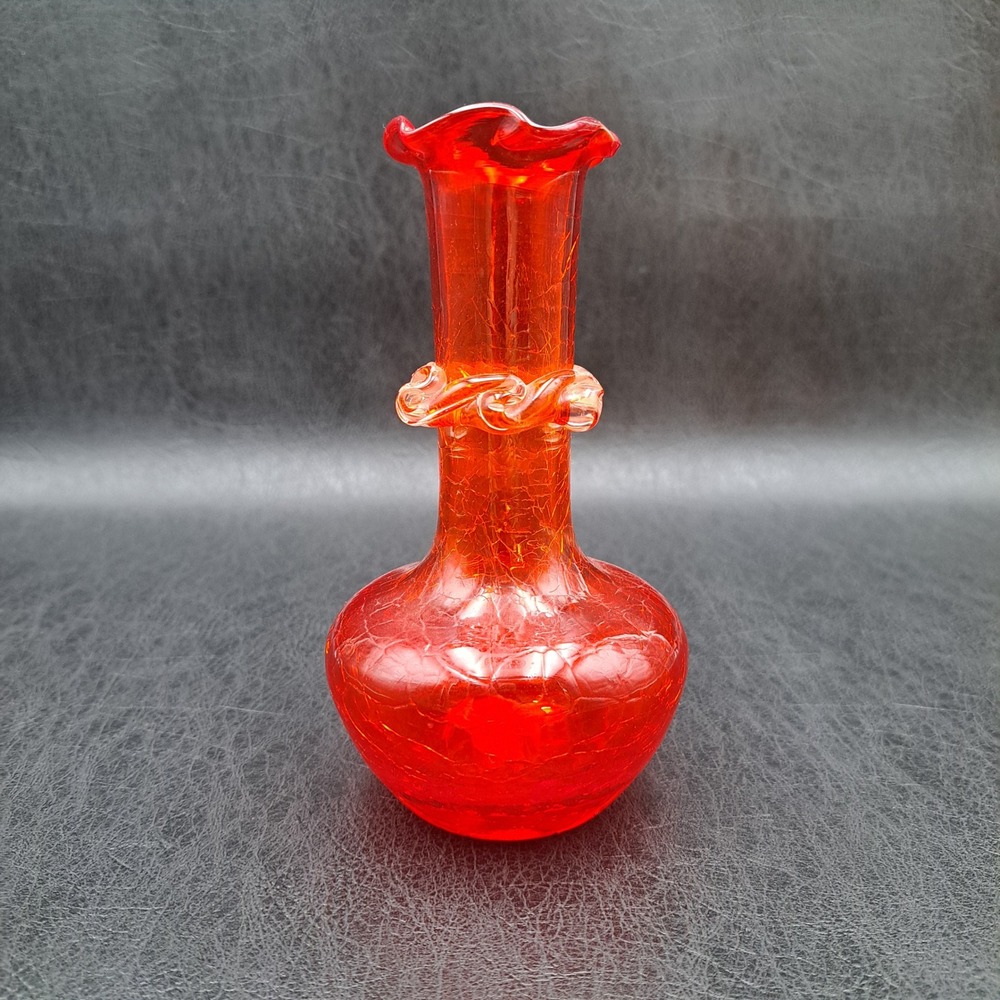 Vintage Ruby Red Crackle Glass Bud Vase Ruffled Rim Rigaree Mid Century Modern